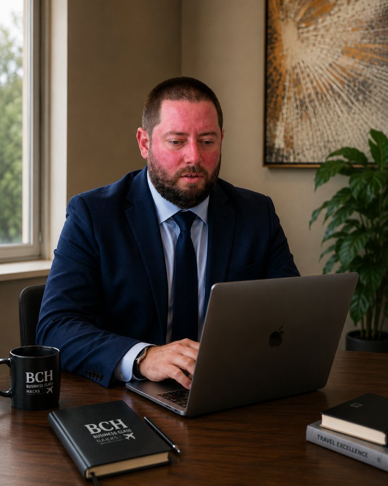 Adam Strachan, founder of Business Class Hacks, at his desk
