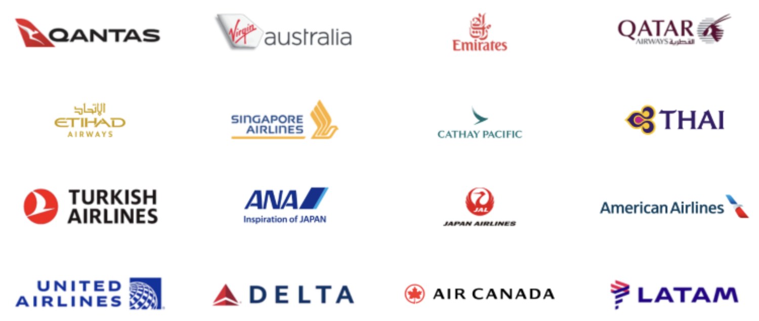 Qantas, Virgin Australia, Emirates, Qatar Airways, Etihad, Singapore Airlines, Cathay Pacific, Thai, Turkish Airlines, ANA, Japan Airlines, American Airlines, United, Delta, Air Canada and LATAM